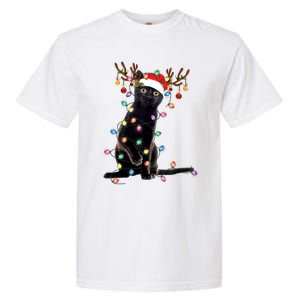 Black Cat Christmas Lights Santa Funny Cat Dad Mom Xmas Funny Gift Garment-Dyed Heavyweight T-Shirt