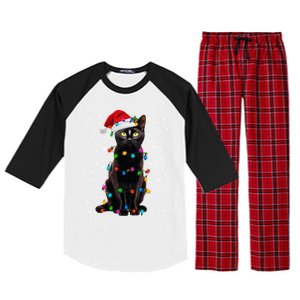 Black Cat Christmas Lights Santa Funny Cat Dad Mom Xmas Cool Gift Raglan Sleeve Pajama Set