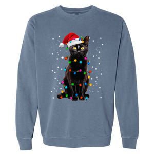 Black Cat Christmas Lights Santa Funny Cat Dad Mom Xmas Cool Gift Garment-Dyed Sweatshirt