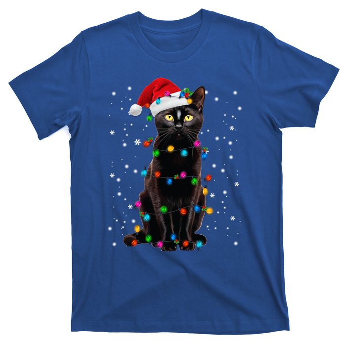 Black Cat Christmas Lights Santa Funny Cat Dad Mom Xmas Cool Gift T-Shirt