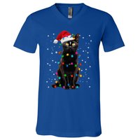 Black Cat Christmas Lights Santa Funny Cat Dad Mom Xmas Cool Gift V-Neck T-Shirt