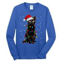 Black Cat Christmas Lights Santa Funny Cat Dad Mom Xmas Cool Gift Tall Long Sleeve T-Shirt