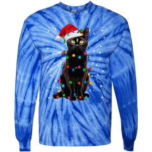 Black Cat Christmas Lights Santa Funny Cat Dad Mom Xmas Cool Gift Tie-Dye Long Sleeve Shirt