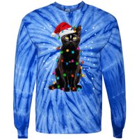 Black Cat Christmas Lights Santa Funny Cat Dad Mom Xmas Cool Gift Tie-Dye Long Sleeve Shirt