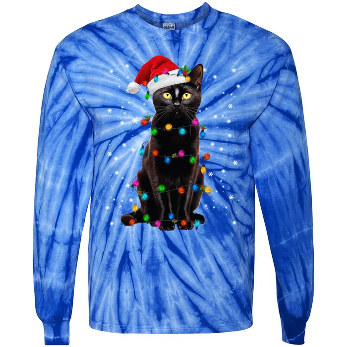 Black Cat Christmas Lights Santa Funny Cat Dad Mom Xmas Cool Gift Tie-Dye Long Sleeve Shirt