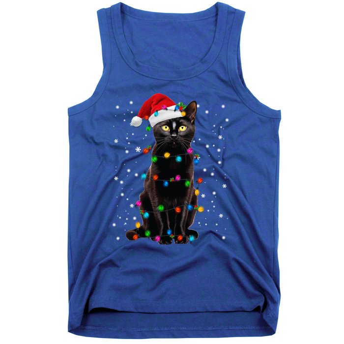 Black Cat Christmas Lights Santa Funny Cat Dad Mom Xmas Cool Gift Tank Top