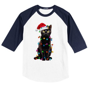 Black Cat Christmas Lights Santa Funny Cat Dad Mom Xmas Cool Gift Baseball Sleeve Shirt