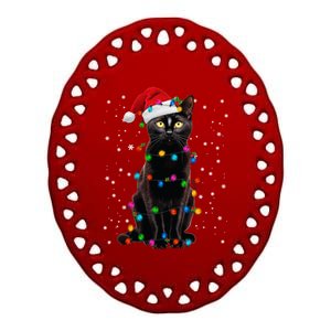 Black Cat Christmas Lights Santa Funny Cat Dad Mom Xmas Cool Gift Ceramic Oval Ornament