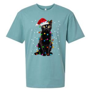 Black Cat Christmas Lights Santa Funny Cat Dad Mom Xmas Cool Gift Sueded Cloud Jersey T-Shirt