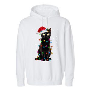 Black Cat Christmas Lights Santa Funny Cat Dad Mom Xmas Cool Gift Garment-Dyed Fleece Hoodie