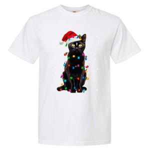 Black Cat Christmas Lights Santa Funny Cat Dad Mom Xmas Cool Gift Garment-Dyed Heavyweight T-Shirt