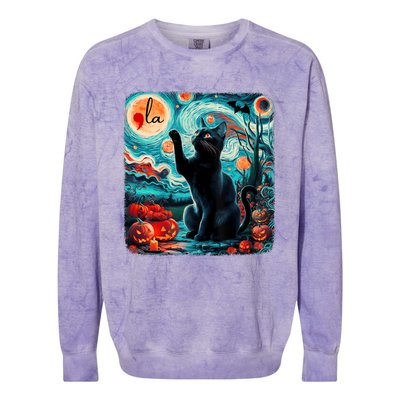 Black Cat Comma La Kamala Harris Halloween Starry Night Colorblast Crewneck Sweatshirt