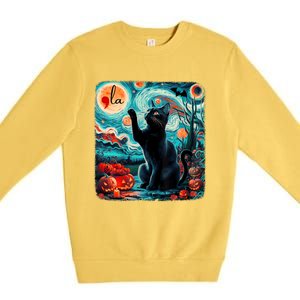 Black Cat Comma La Kamala Harris Halloween Starry Night Premium Crewneck Sweatshirt