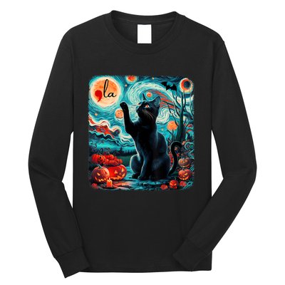 Black Cat Comma La Kamala Harris Halloween Starry Night Long Sleeve Shirt