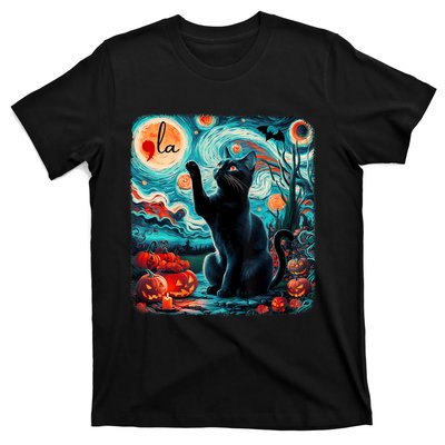 Black Cat Comma La Kamala Harris Halloween Starry Night T-Shirt