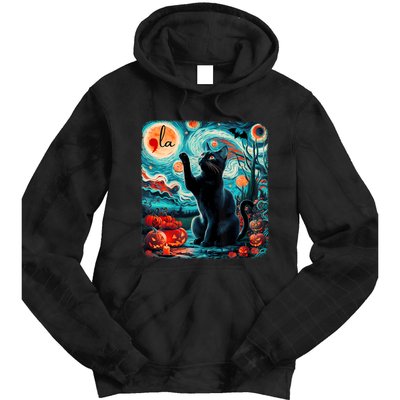 Black Cat Comma La Kamala Harris Halloween Starry Night Tie Dye Hoodie