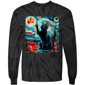 Black Cat Comma La Kamala Harris Halloween Starry Night Tie-Dye Long Sleeve Shirt