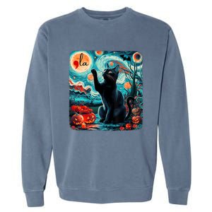 Black Cat Comma La Kamala Harris Halloween Starry Night Garment-Dyed Sweatshirt