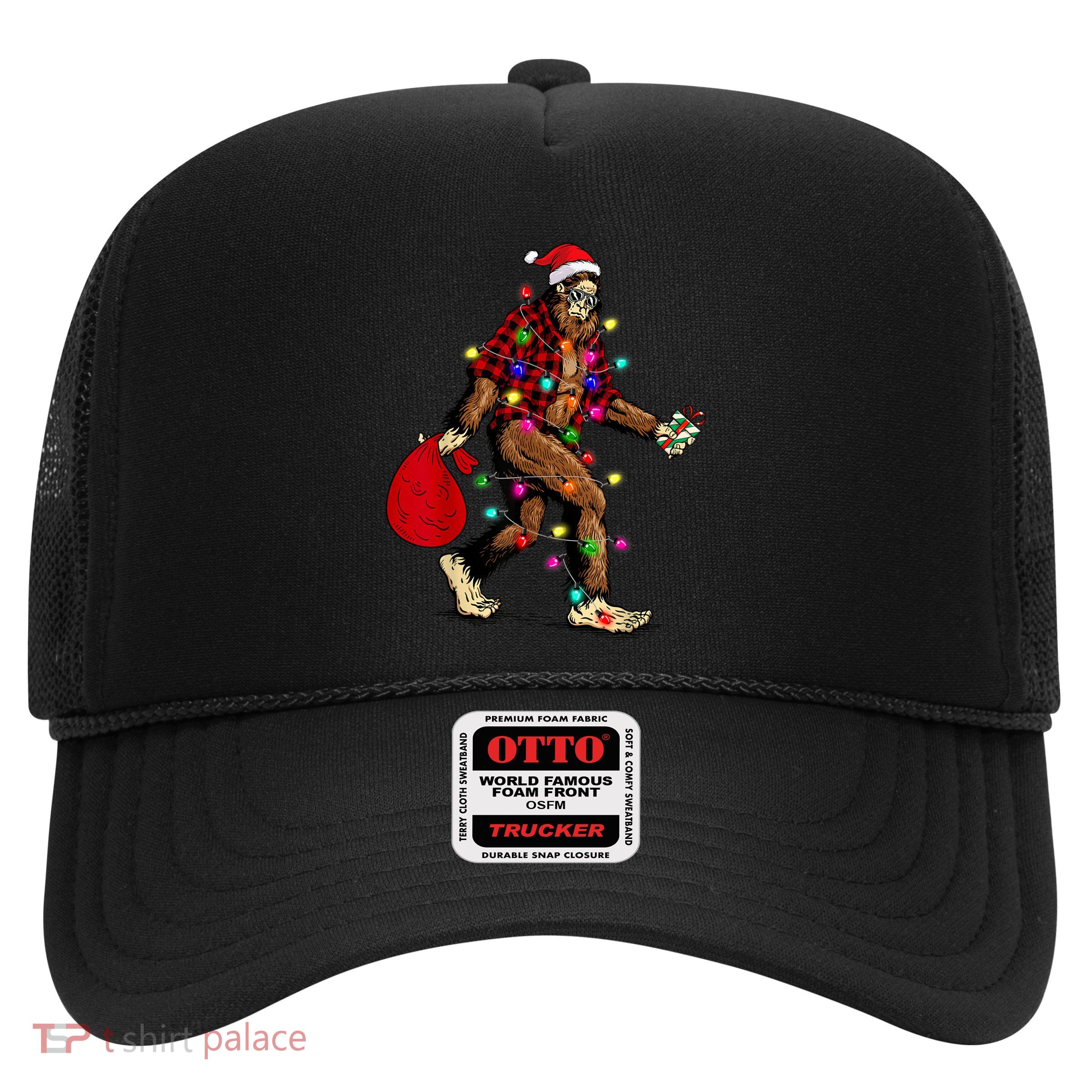 Bigfoot Carrying Christmas Tree Sasquatch Pajama Trucker Hat