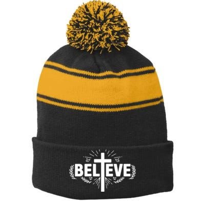 Believe Cross Christian Jesus Christ Christians Stripe Pom Pom Beanie