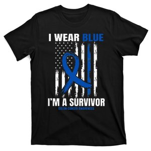 Blue Colon Cancer Survivor Gifts  Flag Cancer Free T-Shirt