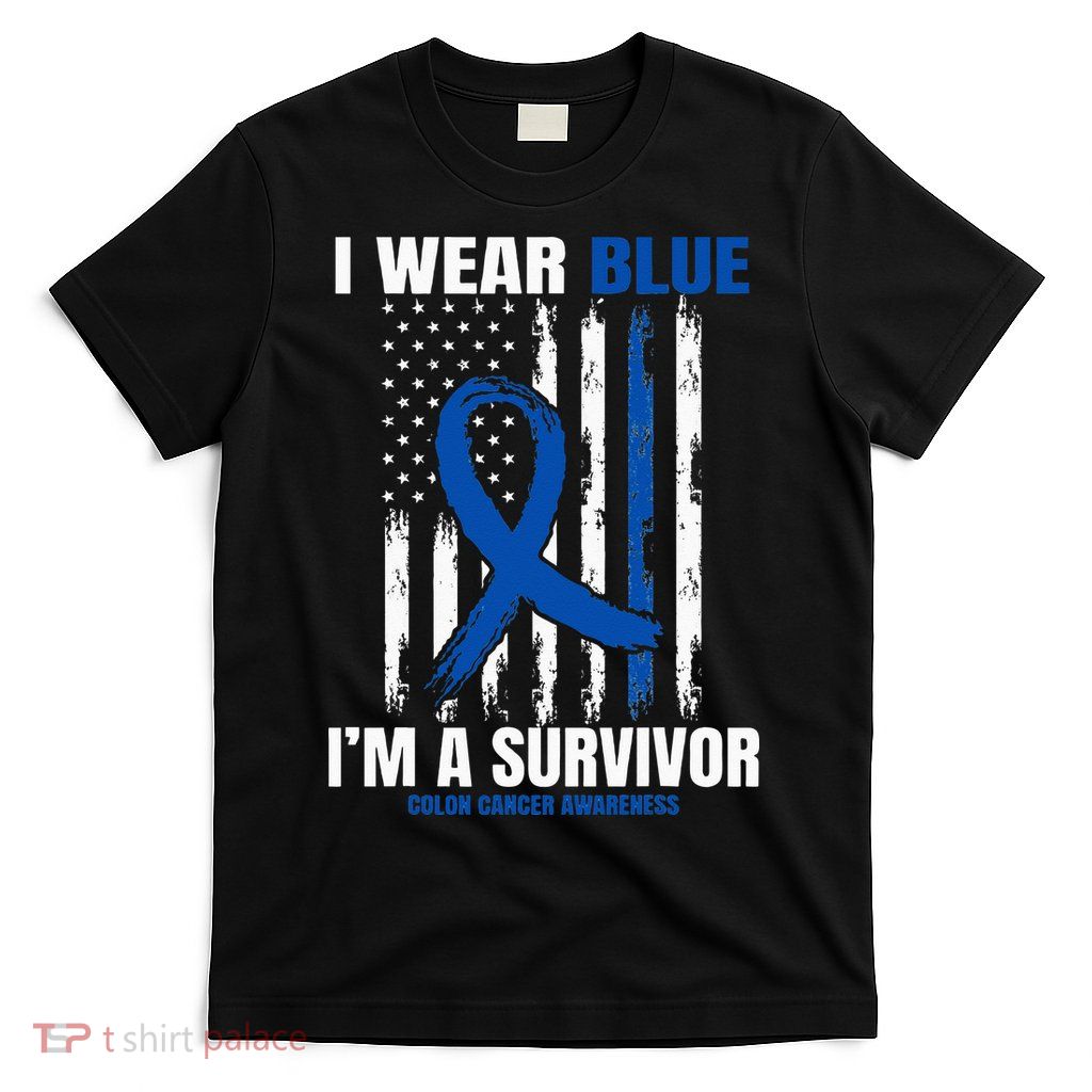 Blue Colon Cancer Survivor Gifts  Flag Cancer Free T-Shirt