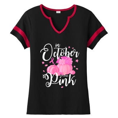 Breast Cancer Cute In October We Wear Pink Awareness Long Ladies Halftime Notch Neck Tee