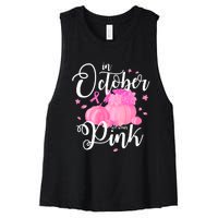 Breast Cancer Cute In October We Wear Pink Awareness Long Women's Racerback Cropped Tank