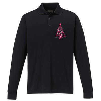 Breast Cancer Christmas Tree Ribbon Fight Awareness Performance Long Sleeve Polo