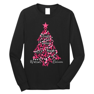 Breast Cancer Christmas Tree Ribbon Fight Awareness Long Sleeve Shirt