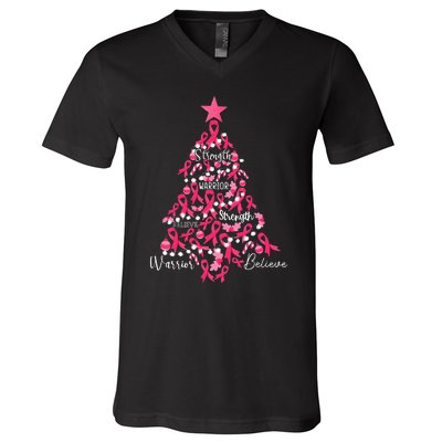 Breast Cancer Christmas Tree Ribbon Fight Awareness V-Neck T-Shirt