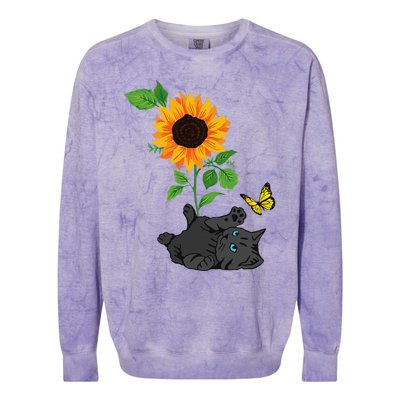 Black Cat Cats And Sunflowers Kitten Sunflower Butterfly Colorblast Crewneck Sweatshirt