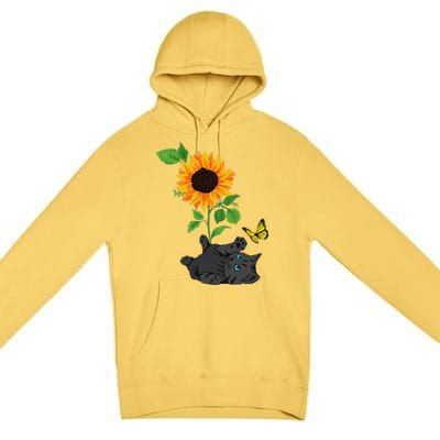 Black Cat Cats And Sunflowers Kitten Sunflower Butterfly Premium Pullover Hoodie