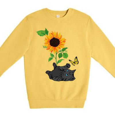 Black Cat Cats And Sunflowers Kitten Sunflower Butterfly Premium Crewneck Sweatshirt