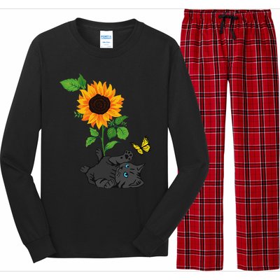 Black Cat Cats And Sunflowers Kitten Sunflower Butterfly Long Sleeve Pajama Set