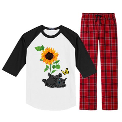 Black Cat Cats And Sunflowers Kitten Sunflower Butterfly Raglan Sleeve Pajama Set