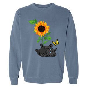 Black Cat Cats And Sunflowers Kitten Sunflower Butterfly Garment-Dyed Sweatshirt