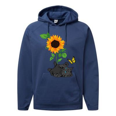 Black Cat Cats And Sunflowers Kitten Sunflower Butterfly Performance Fleece Hoodie