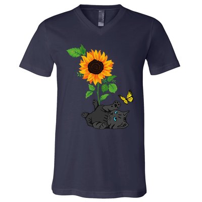 Black Cat Cats And Sunflowers Kitten Sunflower Butterfly V-Neck T-Shirt