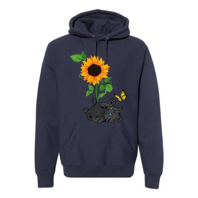 Black Cat Cats And Sunflowers Kitten Sunflower Butterfly Premium Hoodie