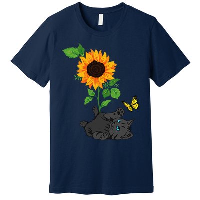 Black Cat Cats And Sunflowers Kitten Sunflower Butterfly Premium T-Shirt