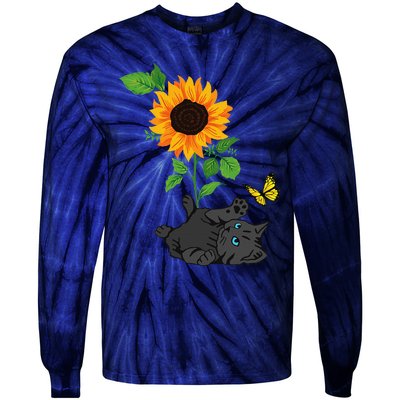 Black Cat Cats And Sunflowers Kitten Sunflower Butterfly Tie-Dye Long Sleeve Shirt