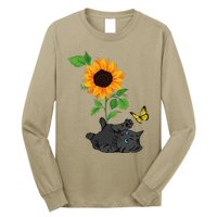 Black Cat Cats And Sunflowers Kitten Sunflower Butterfly Long Sleeve Shirt