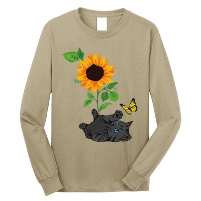 Black Cat Cats And Sunflowers Kitten Sunflower Butterfly Long Sleeve Shirt