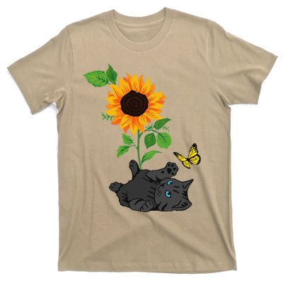 Black Cat Cats And Sunflowers Kitten Sunflower Butterfly T-Shirt