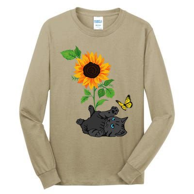 Black Cat Cats And Sunflowers Kitten Sunflower Butterfly Tall Long Sleeve T-Shirt