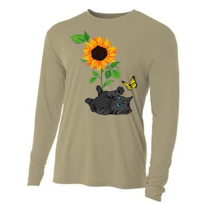 Black Cat Cats And Sunflowers Kitten Sunflower Butterfly Cooling Performance Long Sleeve Crew