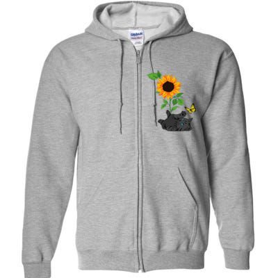 Black Cat Cats And Sunflowers Kitten Sunflower Butterfly Full Zip Hoodie