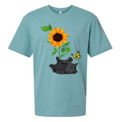 Black Cat Cats And Sunflowers Kitten Sunflower Butterfly Sueded Cloud Jersey T-Shirt