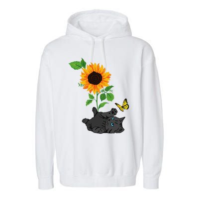 Black Cat Cats And Sunflowers Kitten Sunflower Butterfly Garment-Dyed Fleece Hoodie